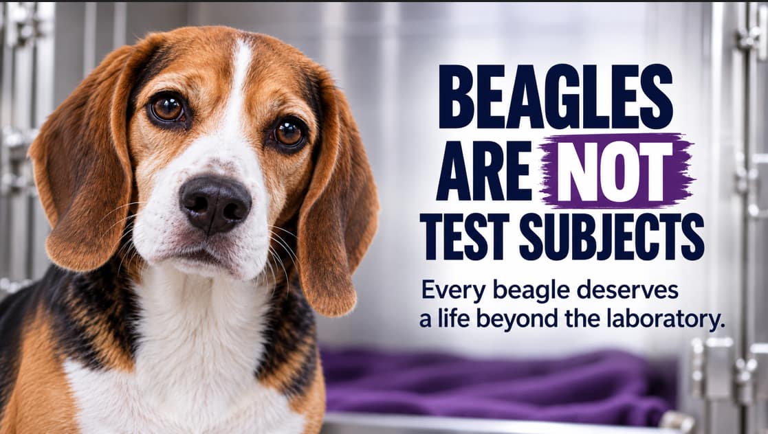 A beagle in a steel laboratory kennel beside the words: Beagles are not test subjects. Every beagle deserves a life beyond the laboratory.